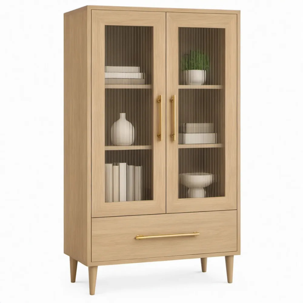 Eikenkleurige kast met 2 geribbelde glazen deuren en lade, 80 x 40 x 180 cm