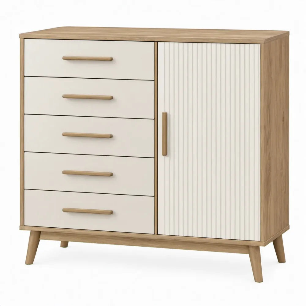 Opbergkast met 5 lades en 1 deur, 100 x 40 x 100 cm, eikenlook en crème
