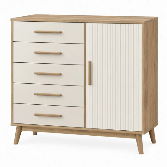 Opbergkast met 5 lades en 1 deur, 100 x 40 x 100 cm, eikenlook en crème