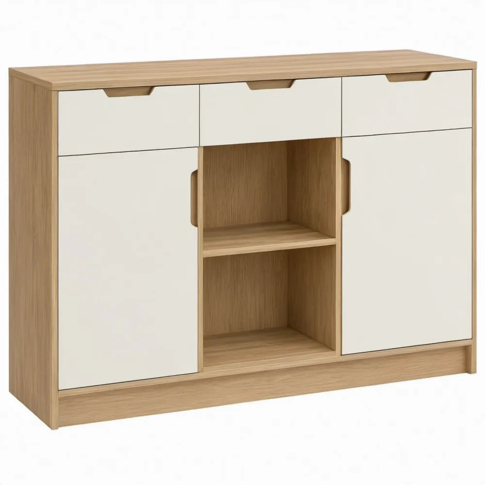 Dressoirkast met 2 deuren, 3 laden en 2 open vakken, 120 x 40 x 100 cm, eikenkleurig en crème