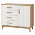 Dressoir met 4 laden en 1 geribbelde deur, 100 x 40 x 90 cm, wit en eikenkleurig