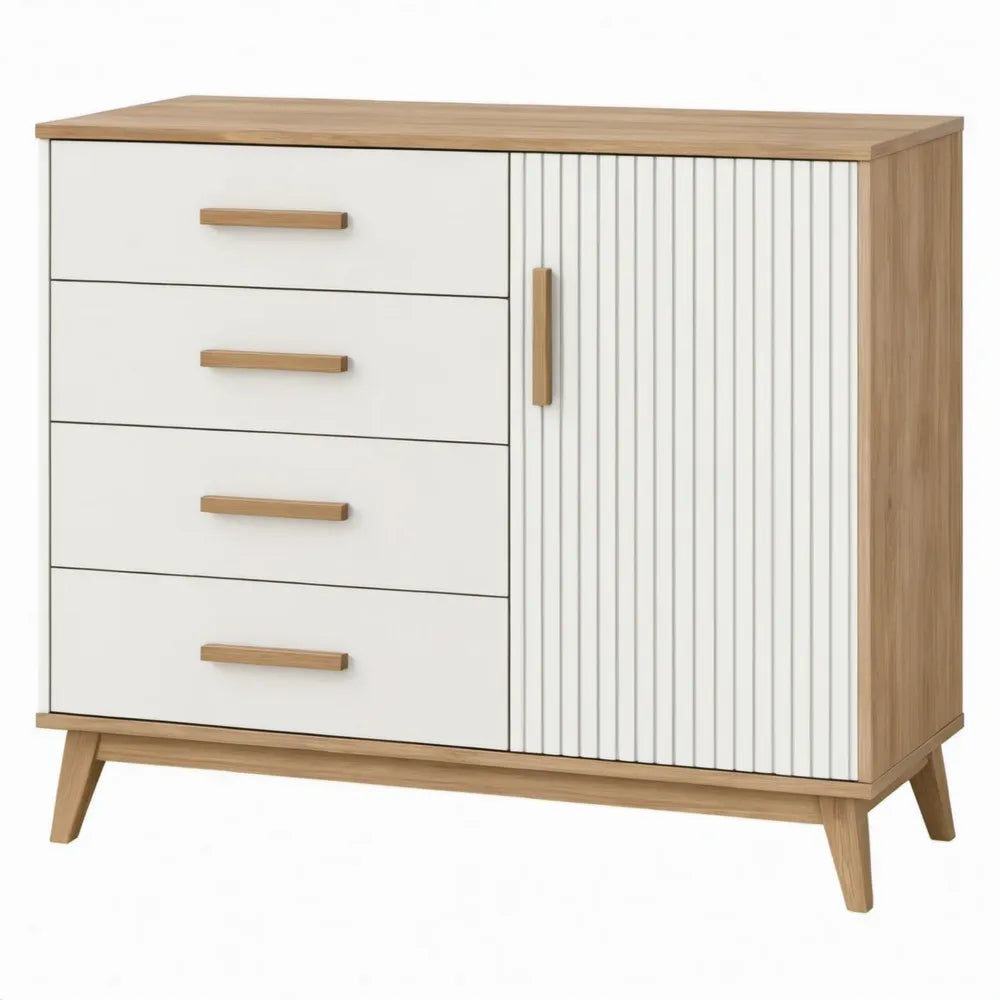 Dressoir met 4 laden en 1 geribbelde deur, 100 x 40 x 90 cm, wit en eikenkleurig