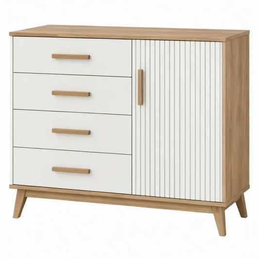 Dressoir met 4 laden en 1 geribbelde deur, 100 x 40 x 90 cm, wit en eikenkleurig