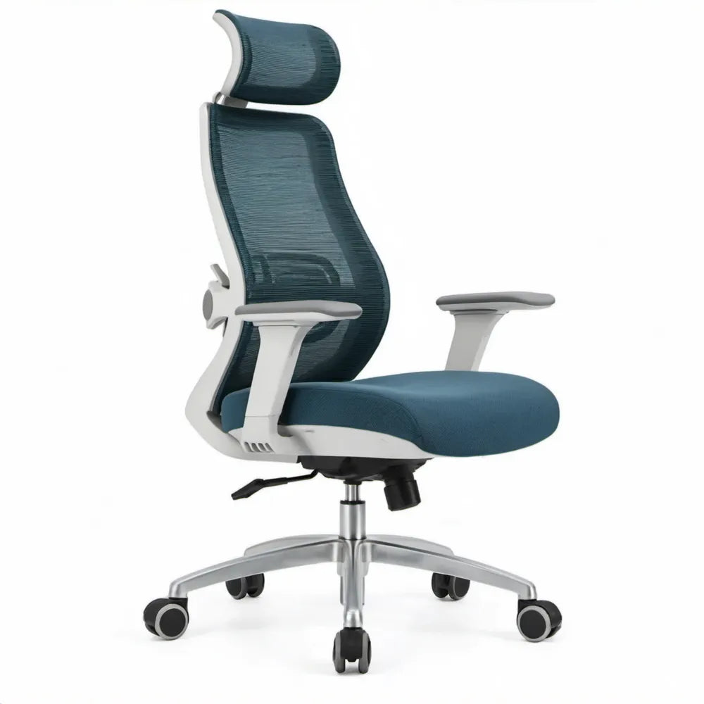 Ergonomische bureaustoel blauw/wit met verstelbare hoofdsteun en lendensteun, 65 x 65 x 118-128 cm