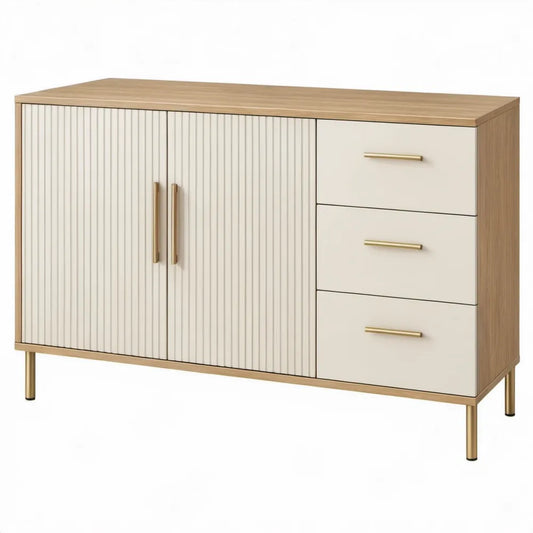 Dressoir met 2 deuren en 3 lades, 120 x 40 x 80 cm, eikenkleurig/crèmekleurig/goudkleurig