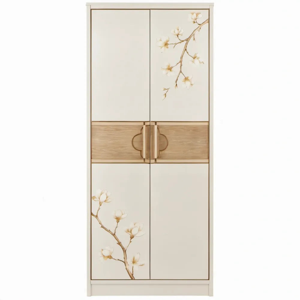 Beige MDF-kast met 2 deuren, bloemmotief en houtlookdetails, 80 x 40 x 180 cm