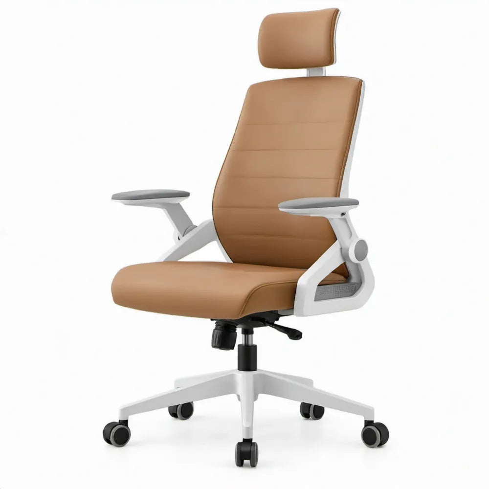 Ergonomische draaistoel met hoofdsteun en wielen, bruin PU-kunstleer, 68 x 68 x 118-128 cm