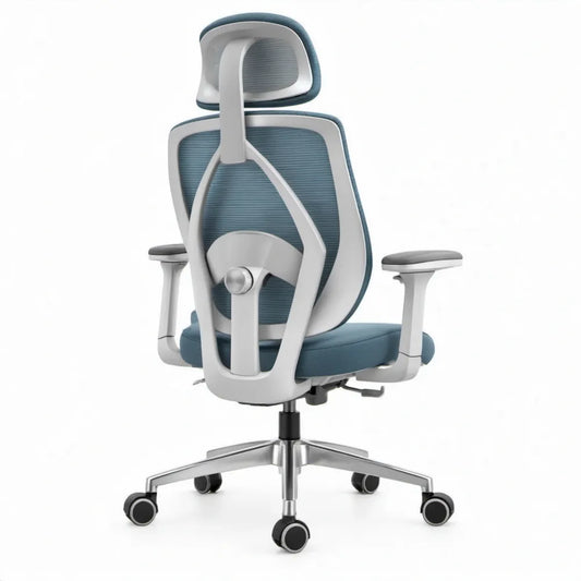 Ergonomische bureaustoel met hoofdsteun en armleuningen, blauw/wit, 68 x 68 x 118-128 cm