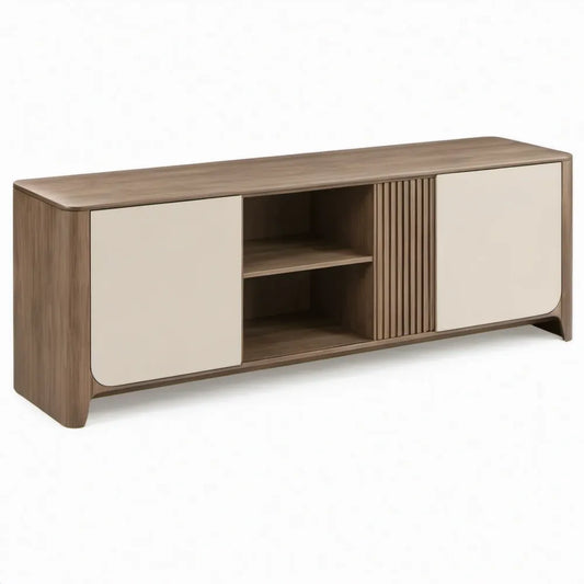Tv-meubel 160 x 40 x 60 cm in walnootbruin en beige met 2 deuren en open vakken