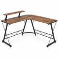 L-vormig bureau met monitorplank 152 x 117 x 75 cm Bruin/Zwart MDF en staal