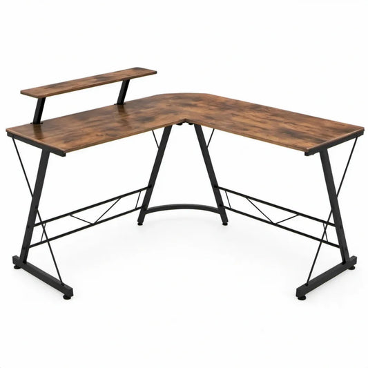 L-vormig bureau met monitorplank 152 x 117 x 75 cm Bruin/Zwart MDF en staal